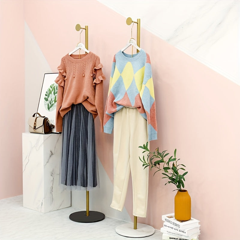 Modern Floor Standing Single Rod Coat Rack – Freestanding Clothing Rack with Golden Bracket for Bedroom Entryway in White or Black Base