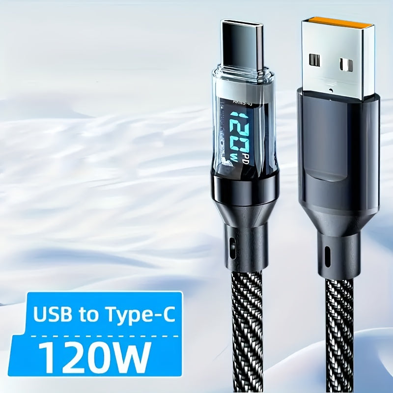 6A 120W Fast Charging Cable with Real-Time Digital Display - USB-A to USB-C Quick Charge - For iPhone, Android & Samsung - 1m & 2m - Black