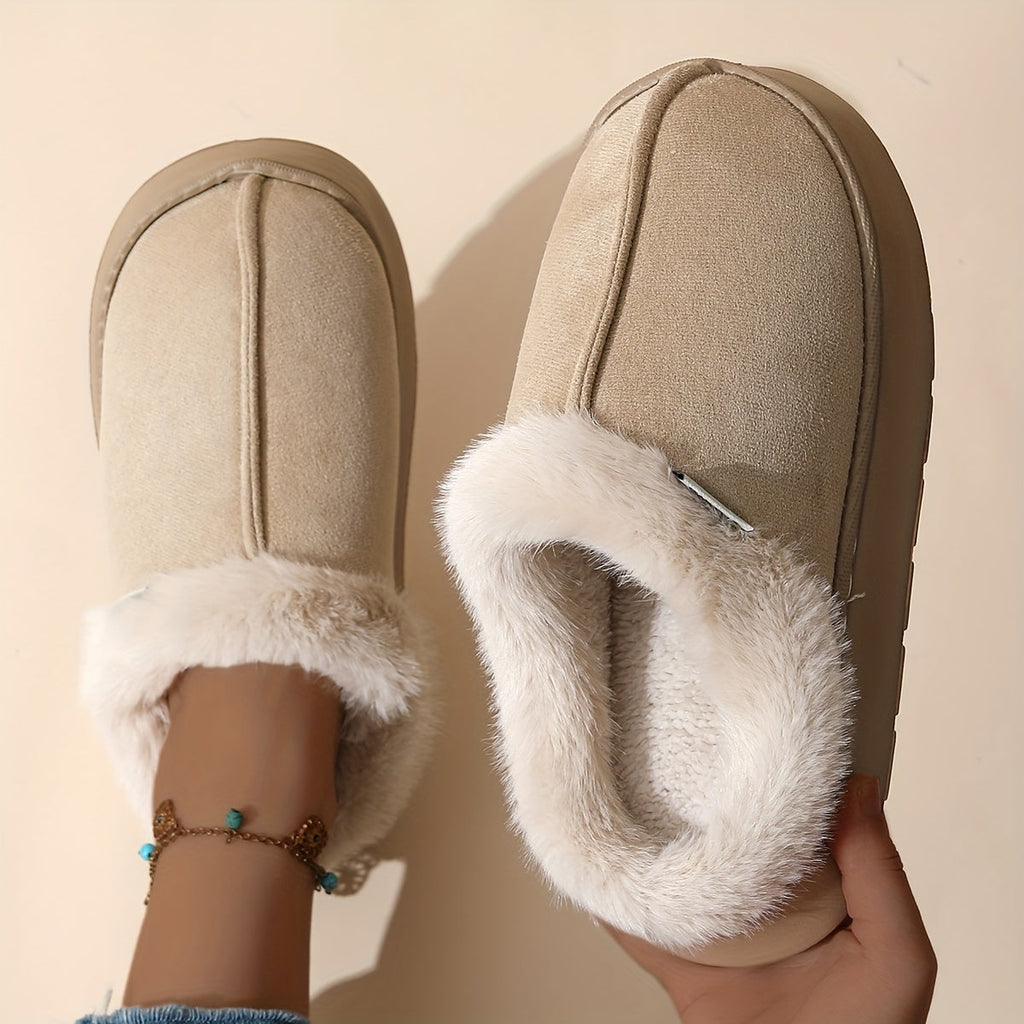 Women's Short Plush Slippers - EVA Thick Sole, Warm & Cozy, All-Season - Color-Matching Design - US 5.5–11 - Off-White, Khaki, Pink Red, Lead, Coffee & Black