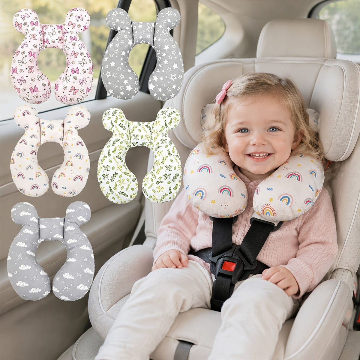 Kids Car Seat Headrest Pillow, Universal Child Head Support Neck Pillow for Boys & Girls, Cute Patterns including Green Leaves Pink Bow Rainbow Grey Stars & Gray Clouds