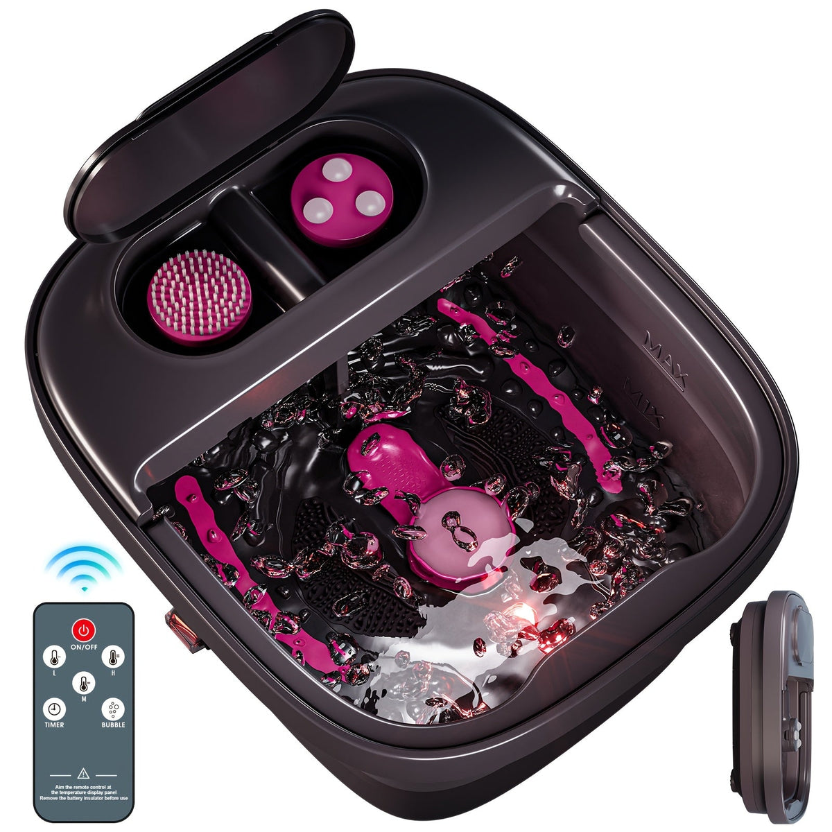 Collapsible Foot Spa with Heat, Bubble & Massage - Remote Temperature Control, 3 Pedicure Attachments, Foldable Foot Bath Tub with Handle, Relaxation Gift for Women Mom - Rose Red