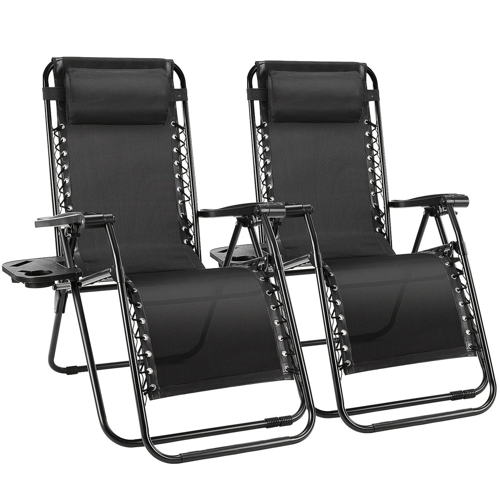 2-Pack Zero Gravity Chairs – Breathable Fabric Adjustable Reclining Outdoor Lounge Chair with Cup Holder Tray & Headrest Pillow for Beach Camping Poolside Backyard & Garden in Black Blue Grey & Khaki