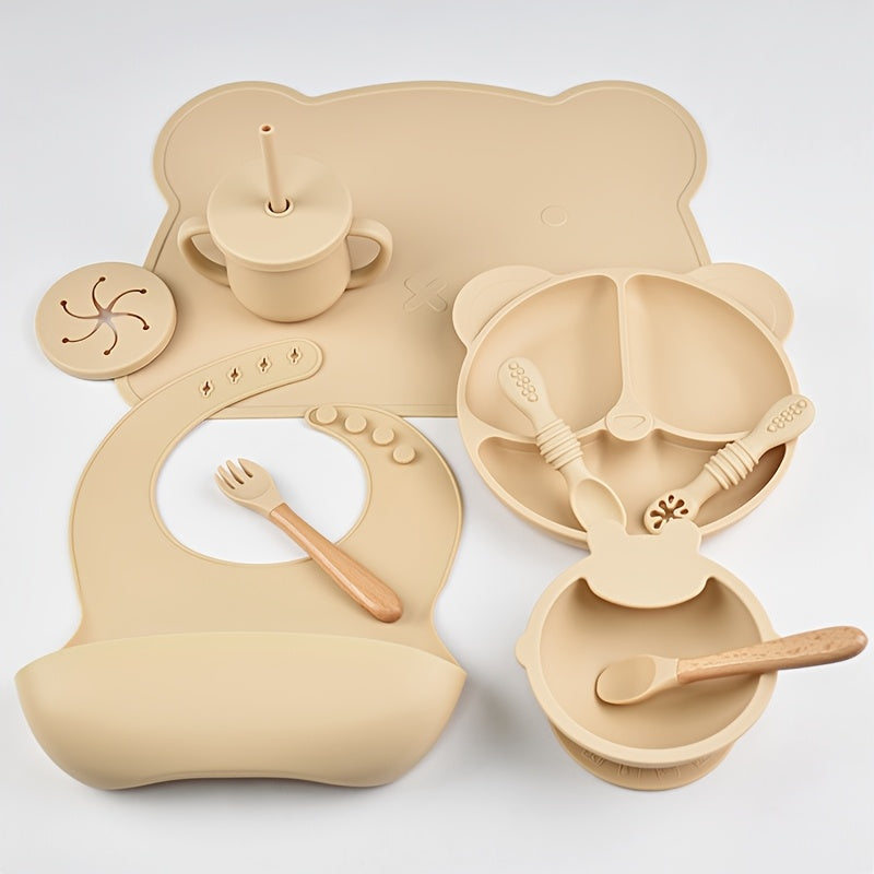 10-Piece Baby Toddler Silicone Tableware Set for Ages 1-3, Complete Feeding Set with Silicone Dinner Plate Fork Spoon Suction Cup Bowl Bib Snack Cup & 2-in-1 Straw Cup, BPA-Free Baby Mealtime Essentials