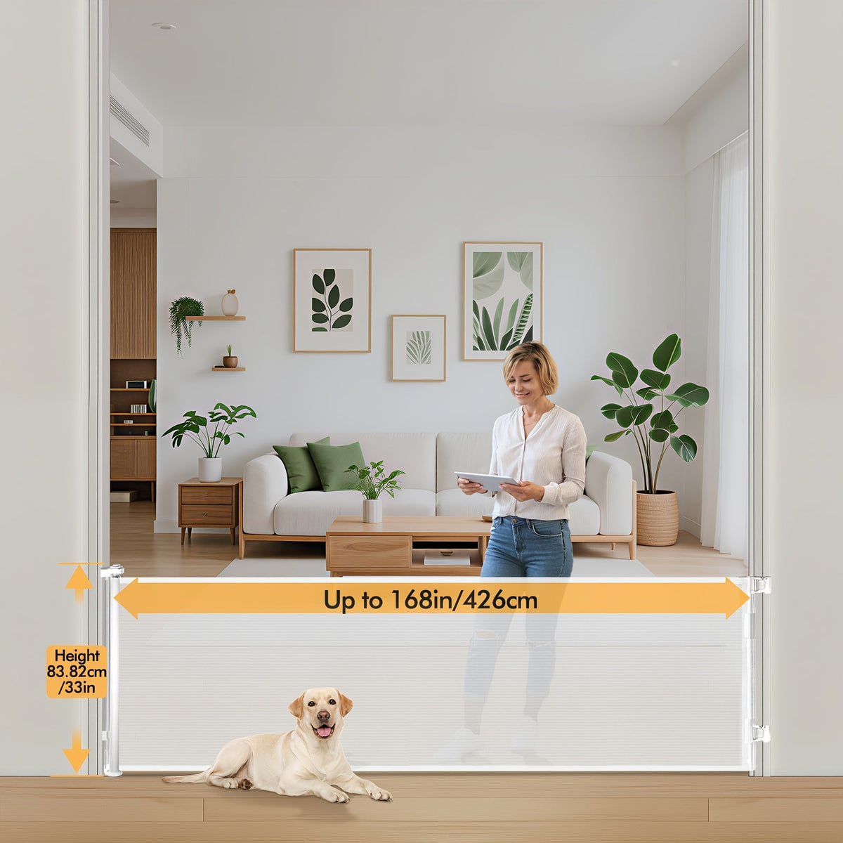 VERASTE Retractable Mesh Safety Gate, 33"/41" Tall Baby & Pet Gate for Doorways, Stairs & Hallways, Indoor & Outdoor Use, Multiple Width Options, Black, White & Gray