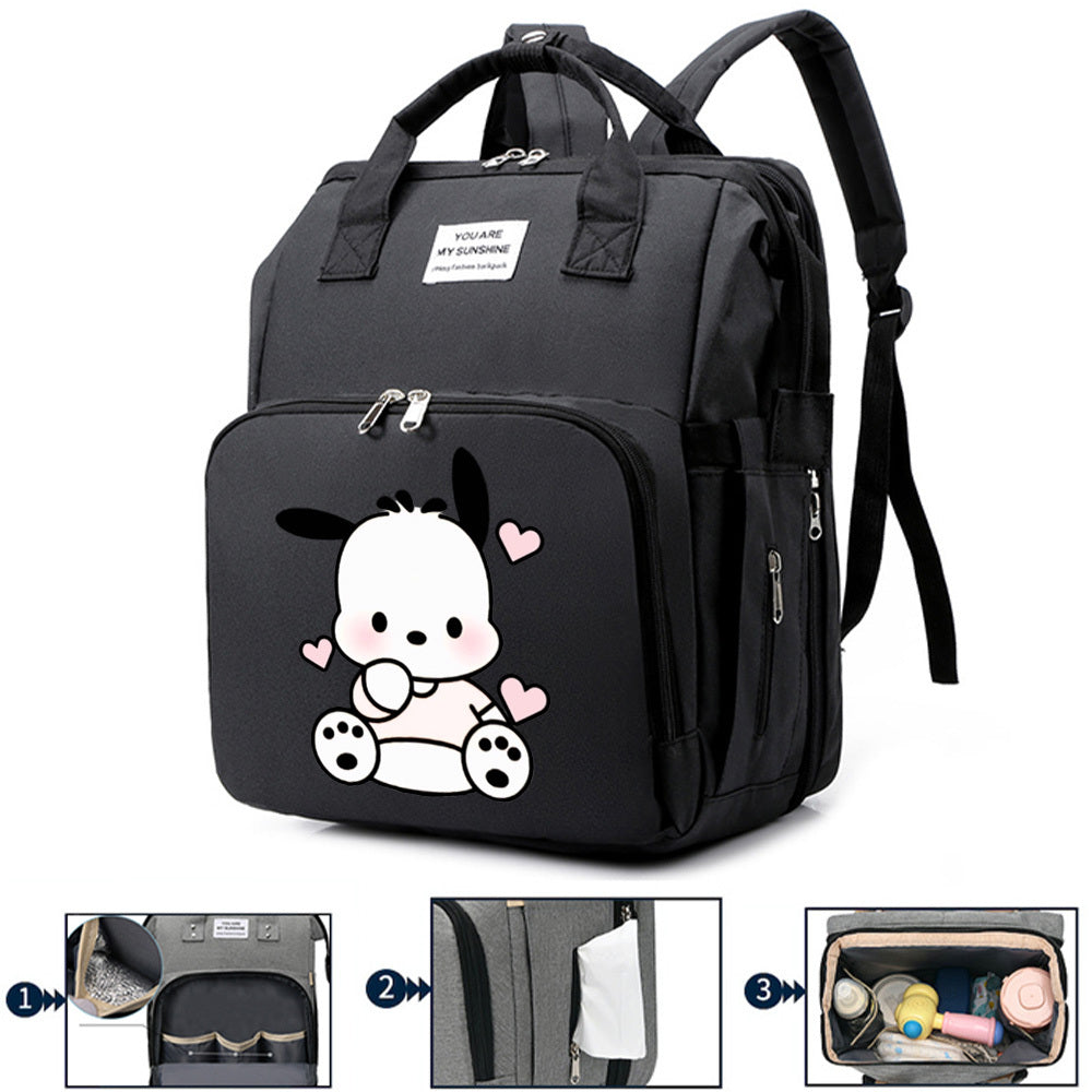 Cute Cartoon Puppy Print Diaper Backpack, Large Capacity Baby Bag for Daily Travel & Outdoor Activities, Stylish Mom & Dad Baby Bag, Black Purple & Grey