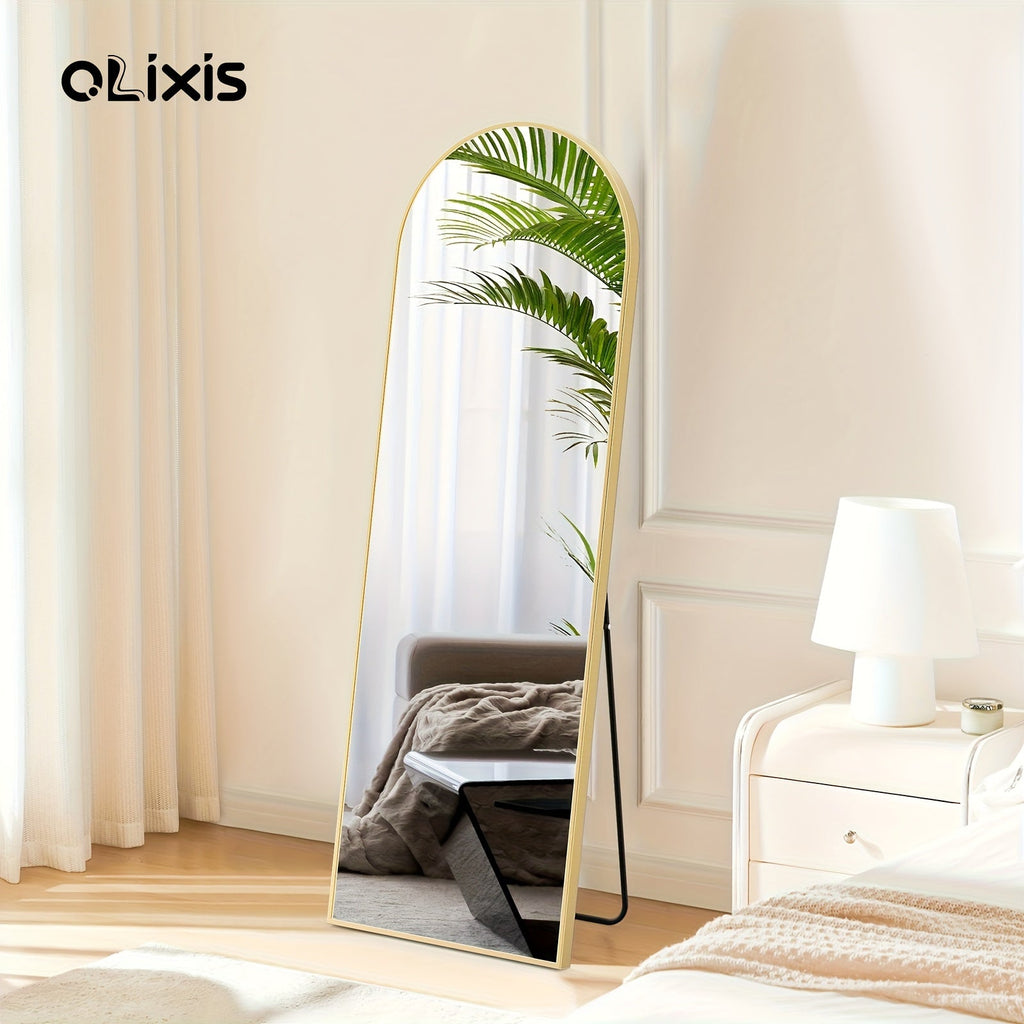 Arched Full Body Floor Mirror with Stand - 59×16in, Moisture & Shatter-Resistant Nano Glass, Vertical Grooming Mirror - Office & Home Decor - Golden