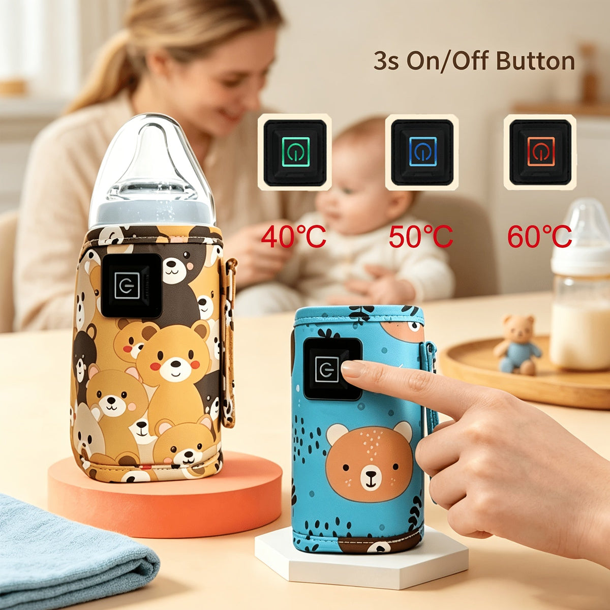 USB Portable Bottle Warmer Insulator Sleeve, Universal Stroller Baby Bottle Bag for Travel, Nursing & Feeding Bottle Insulated Holder, Keeps Bottle Warm Continuously, Blue Yellow Pink & Green
