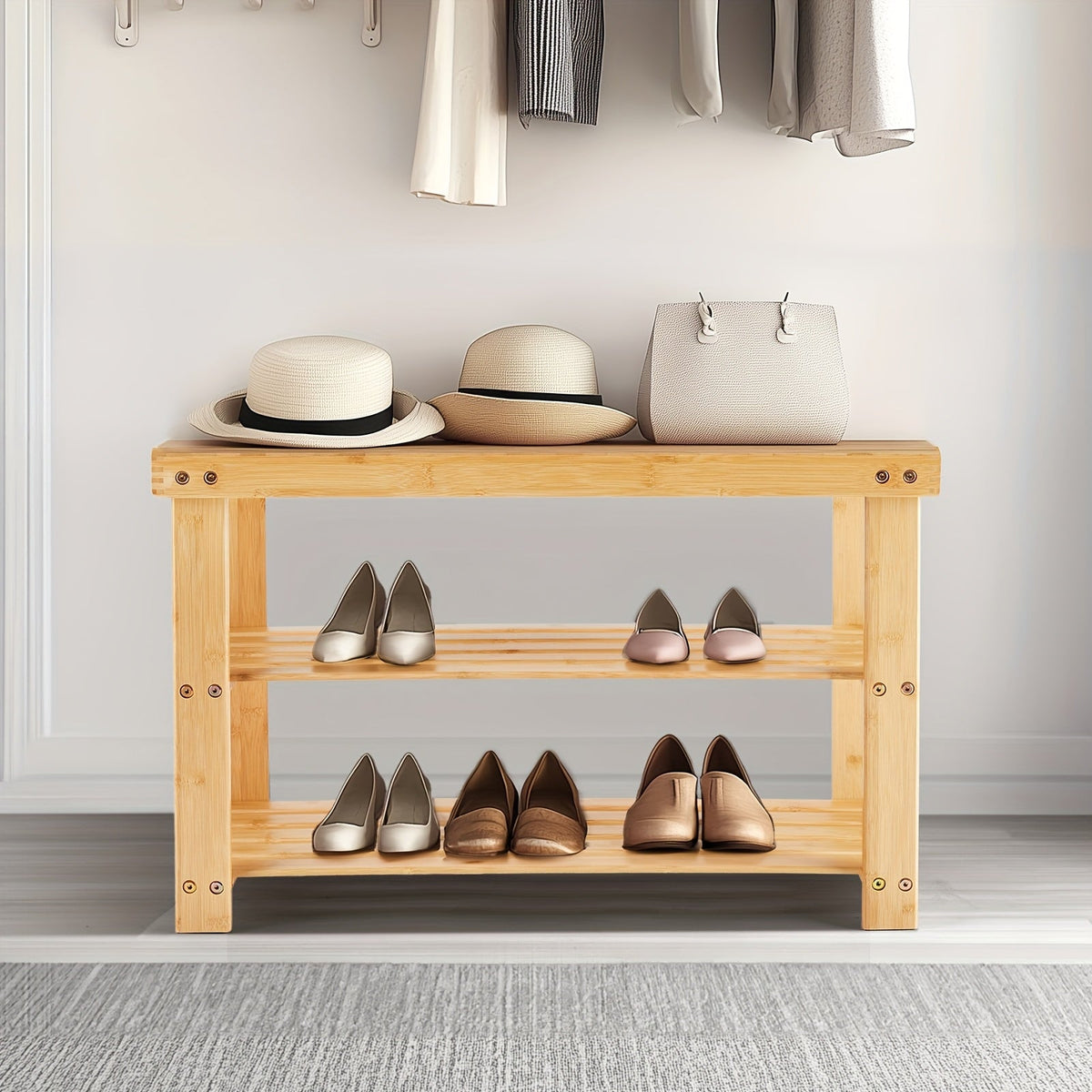 3-Tier Bamboo Shoe Rack Bench - 27.6in Wide, 286lb Capacity, Compact Storage Organizer - Entryway, Bedroom, Living Room & Balcony - Wood & Brown