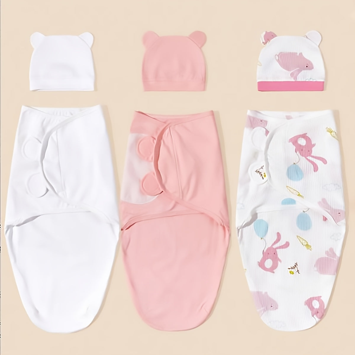 3-Pack Newborn Swaddle & Hat Set for Spring & Summer, Soft Swaddle Cloth with Matching Hat for Infants, Gray Wavy Cloud Pink Rabbit Bear White Rabbit & Gray Rocket Cloud