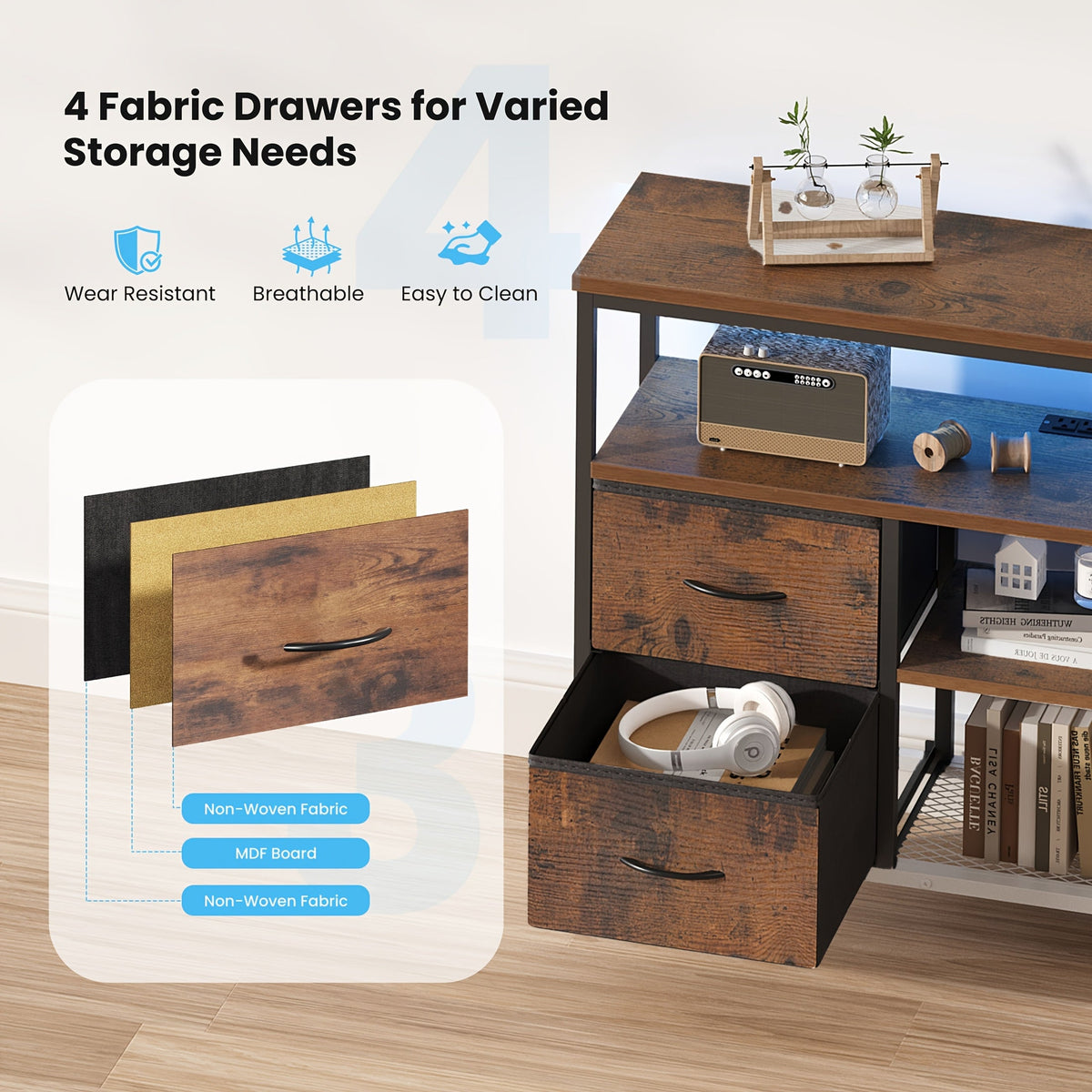 TV Stand with 4 Drawers & LED Lights, Entertainment Center Media Console with Power Sockets, Open Shelves & Adjustable Feet for 50 Inch TV, Living Room Furniture, White Black Rust