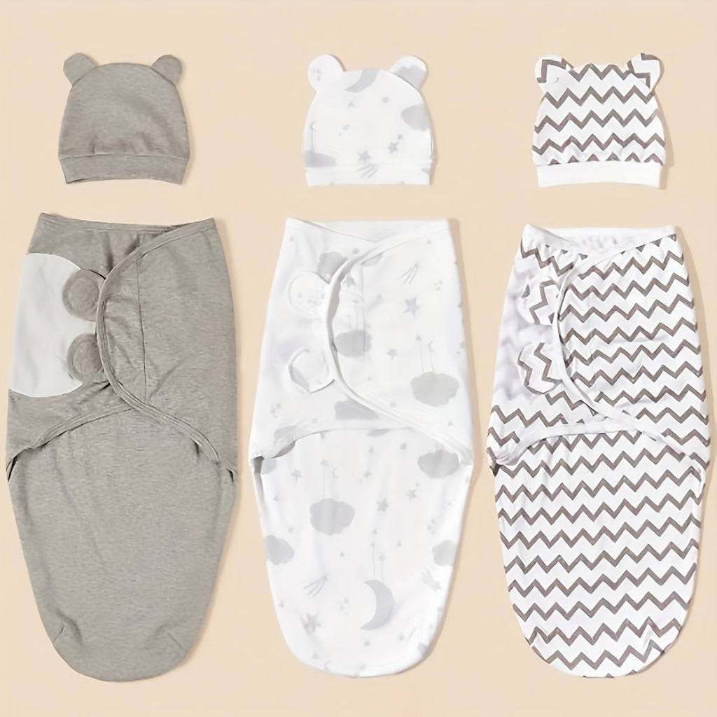 3-Pack Newborn Swaddle & Hat Set for Spring & Summer, Soft Swaddle Cloth with Matching Hat for Infants, Gray Wavy Cloud Pink Rabbit Bear White Rabbit & Gray Rocket Cloud