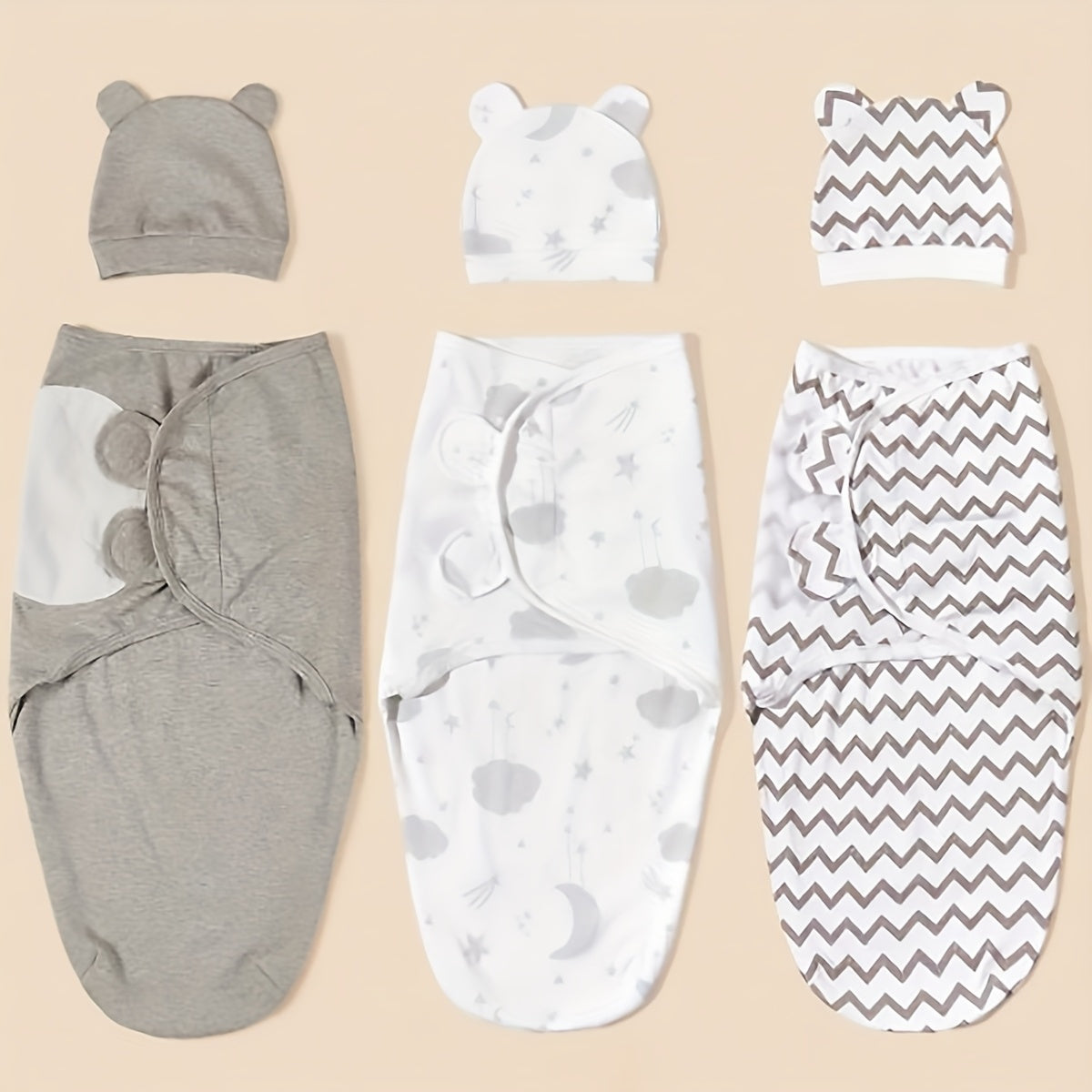 3-Pack Newborn Swaddle & Hat Set for Spring & Summer, Soft Swaddle Cloth with Matching Hat for Infants, Gray Wavy Cloud Pink Rabbit Bear White Rabbit & Gray Rocket Cloud