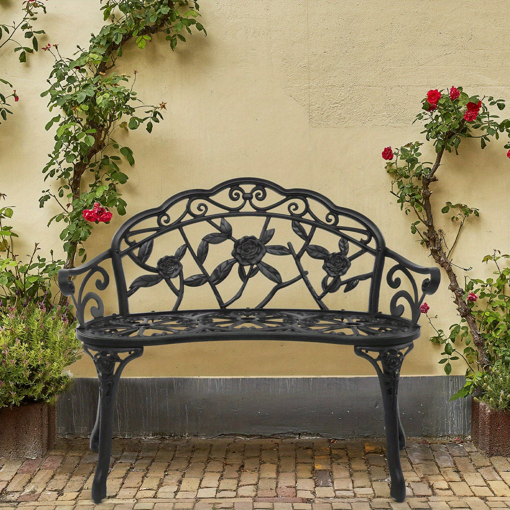 Rose Pattern Cast Aluminum Outdoor Bench 38.5", Floral Vintage Design, Weatherproof & Rustproof, Ergonomic Back & Armrests, Patio Garden Porch Courtyard Seating, Available in Red/Brown/Black