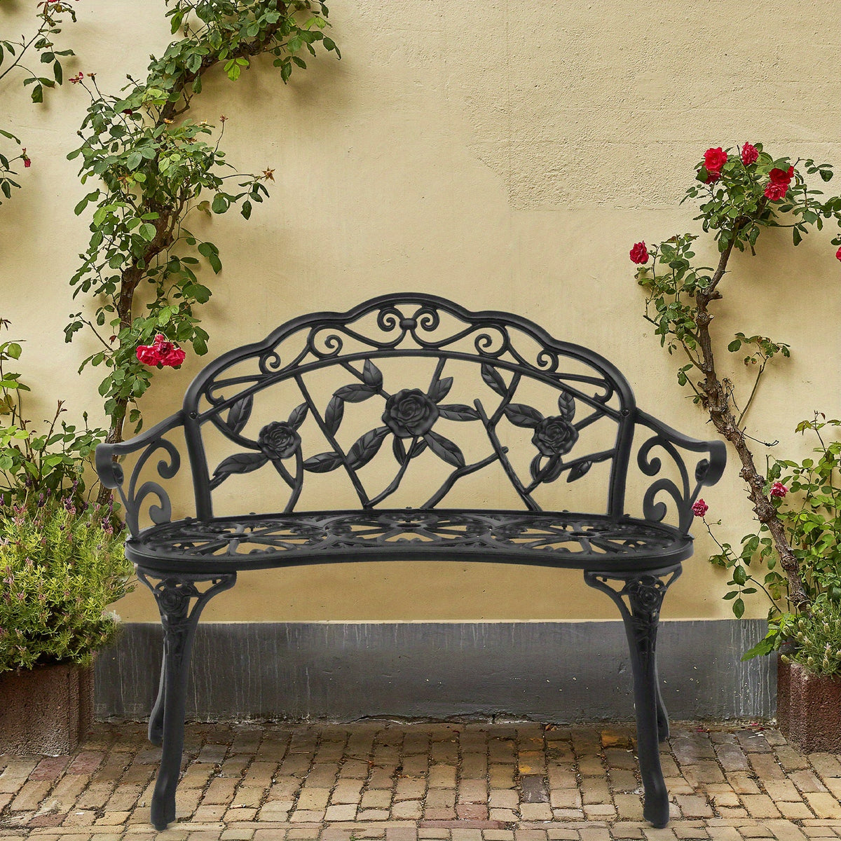 Rose Pattern Cast Aluminum Outdoor Bench 38.5", Floral Vintage Design, Weatherproof & Rustproof, Ergonomic Back & Armrests, Patio Garden Porch Courtyard Seating, Available in Red/Brown/Black