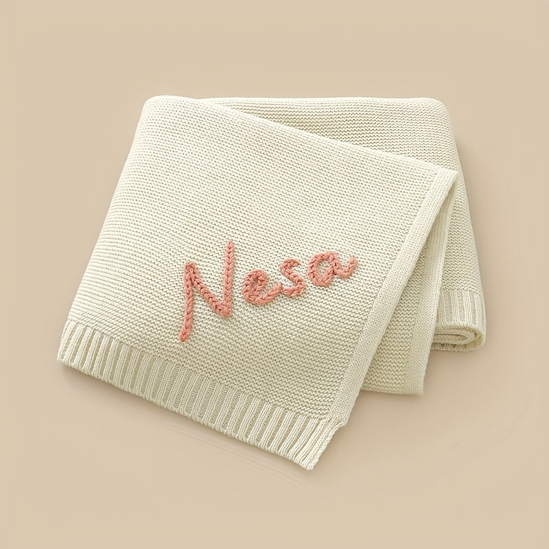 Personalized Hand-Embroidered Baby Name Knitted Blanket, Custom Name & Birthday Keepsake Blanket, 17 Color Options, Unique Baby Shower Birthday & Newborn Gift