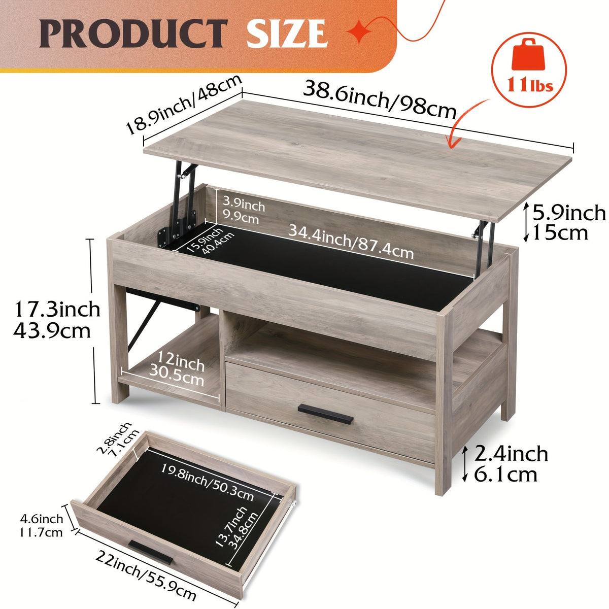 Lift Top Coffee Table with Storage Drawers & Hidden Compartment, Modern Wood HDF Space-Saving Adjustable Lift Top Table for Living Room Reception Room, Rustic Brown Greige Espresso