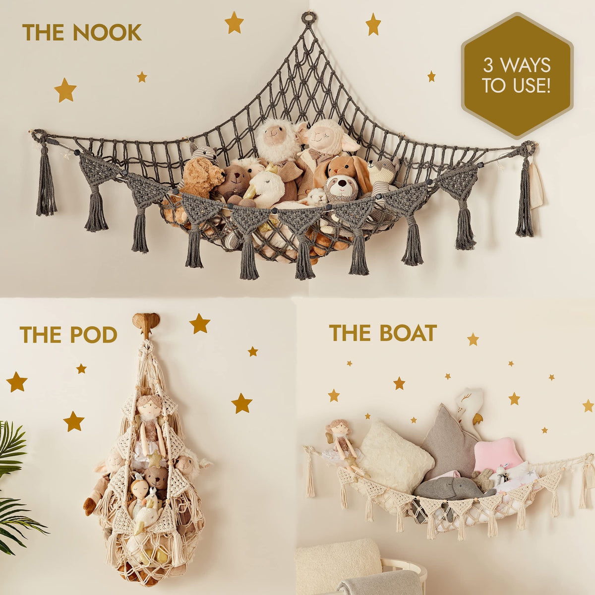 Macrame Stuffed Animal Storage Net Hammock Extra Large, Boho Plush Toy Organizer Holder for Kids Room Nursery Wall Decor, Fits Small & Large Stuffed Animals, Dreamcatcher Style