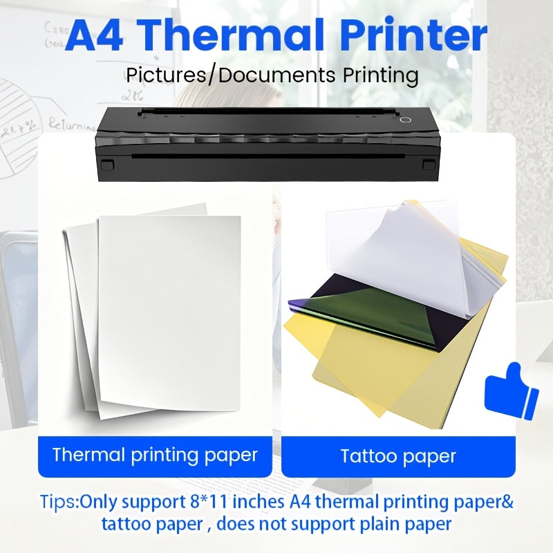 Portable A4 Wireless Thermal Tattoo Stencil Printer - Inkless, Rechargeable, Supports Transfer Paper Roll & Fanfold, Compatible with Android, iOS, Laptop & Tablet - Black