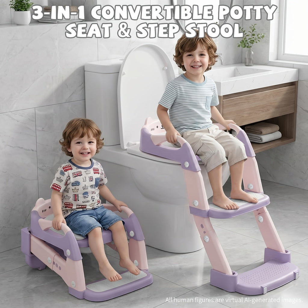 3-in-1 Potty Training Seat, Training Toilet & Potty Chair for Toddlers, Height Adjustable Foldable with Splash Guard & Anti-Slip Steps for Boys & Girls, 4 Colors Including Purple Green Grey & Blue