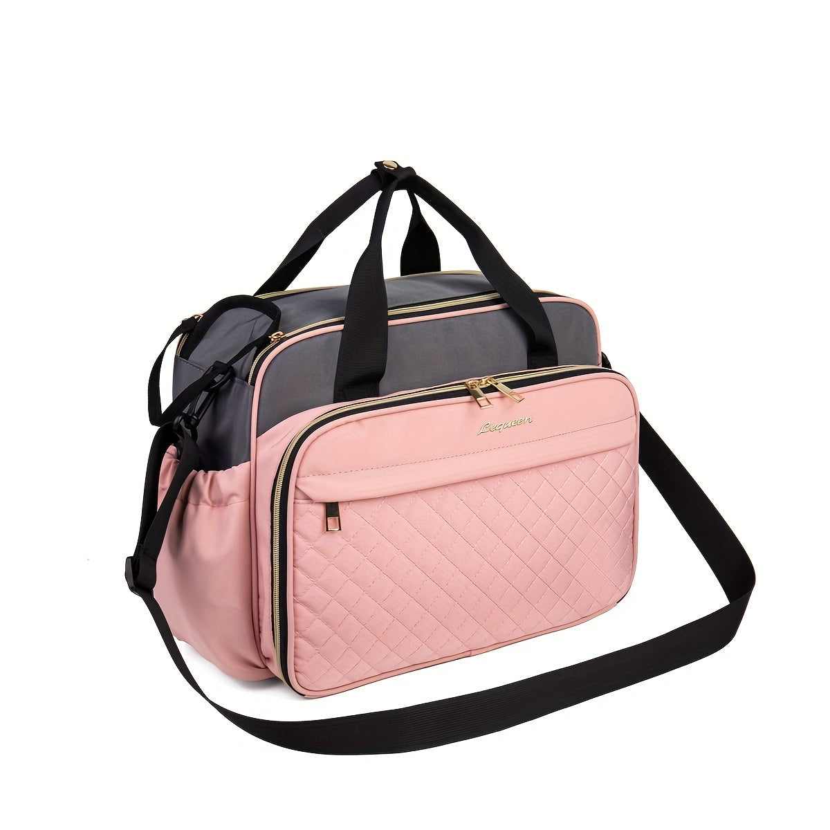 High-Capacity Quilted Oxford Diaper Bag with Crossbody Strap, Multi-Functional Large Capacity Baby Bag for Travel & Daily Use, Stylish Mom Bag in Black Grey & Pink Grey