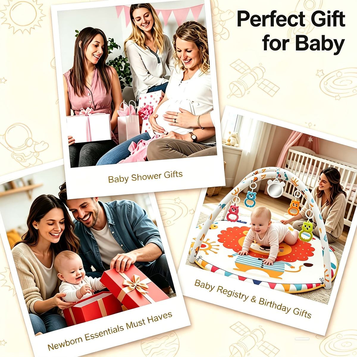 Baby Play Gym & Activity Mat with 5 Detachable Toys, Animal Pattern Infant Tummy Time Mat for 0-12 Months, Sensory Development Crawling Mat with Non-Slip Base, Machine Washable & Foldable
