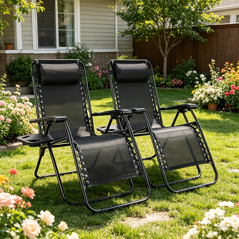 2-Pack Zero Gravity Chairs – Breathable Fabric Adjustable Reclining Outdoor Lounge Chair with Cup Holder Tray & Headrest Pillow for Beach Camping Poolside Backyard & Garden in Black Blue Grey & Khaki