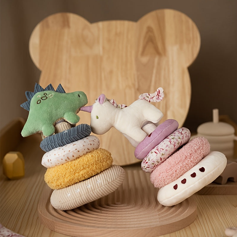 Baby Stacking Plush Ring Toy, Soft Textured Stuffed Stacking Blocks for Infants, Stroller & Crib Travel Toy for Baby Boys & Girls, Unicorn & Stegosaur Stacker Set