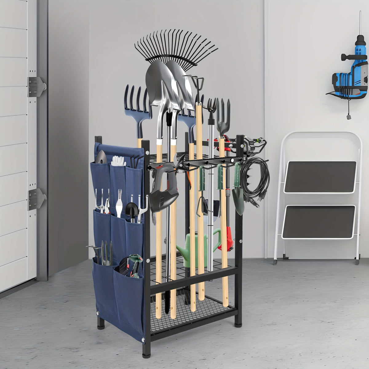 Metal Garden Tool Organizer Rack with Storage Bag - Holds 35 Long-Handled Tools - Broom, Shovel & Rake Holder - Heavy-Duty Garage, Outdoor & Yard Storage - Black
