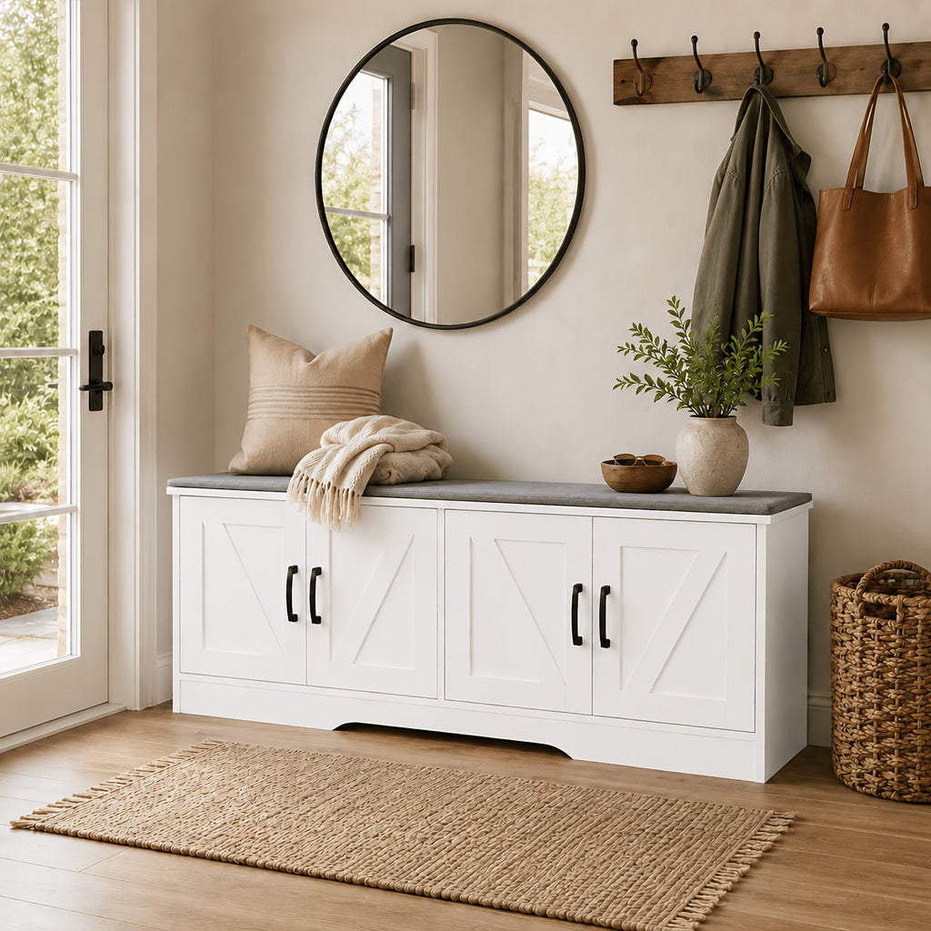 43-Inch Storage Ottoman Bench with 4 Barn Doors, Large Capacity Heavy-Duty Shoe Storage Bench, Long Entryway Bench with Storage for Living Room Foyer Bedroom, Modern Farmhouse Style