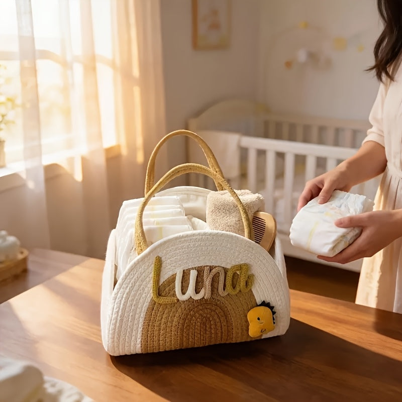 Large Diaper Storage Basket with Handle & Cute Doll, Lightweight Nursery Organizer for Diapers & Baby Clothes, Decorative Baby Room Storage, 3 Colors Including Green Grey & Brown