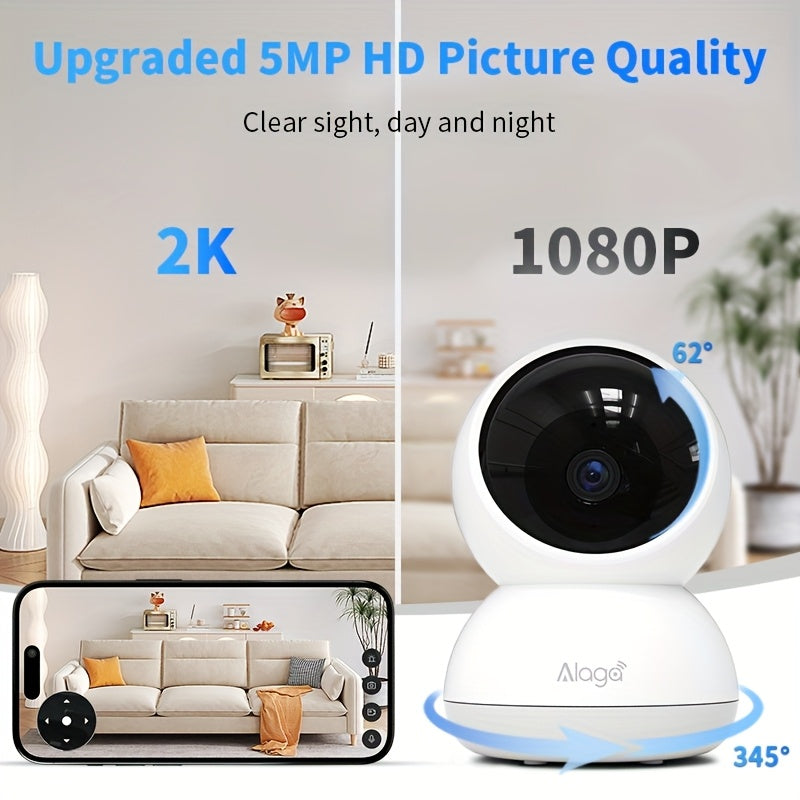 Alaga 2K Indoor Security Camera with Audio, AI Motion Detection Baby Monitor, 2.4G/5G WiFi Night Vision 2-Way Talk, Cloud & SD Card Storage, ABS, White & Black