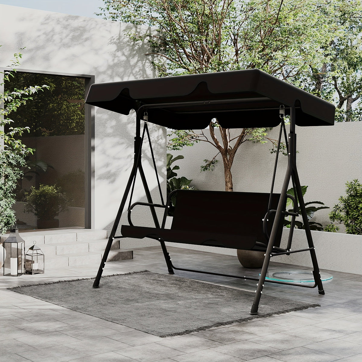 Outdoor Porch Swing Glider with Canopy & Adjustable Bracket, Heavy Duty Frame Patio Swing for Adults, Backyard Lawn Garden Furniture, Black Beige Coffee Brown Red Green Blue