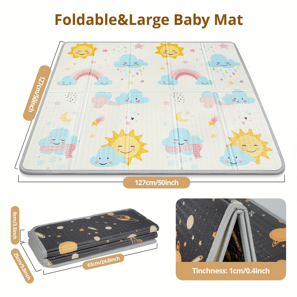 Foldable Safety Foam Baby Play Mat, 50 × 50 × 0.4 Inch Thick Reversible Double-Sided Portable Playpen Floor Mat, Soft Cushioned Baby Activity Mat for Infants & Toddlers, Sun & Planets