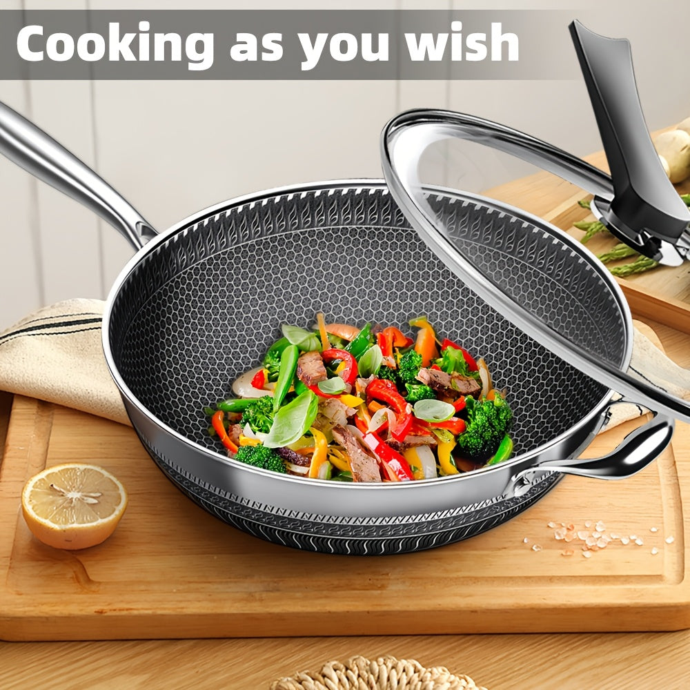 13.3" Tri-Ply Stainless Steel Non-Stick Wok with Lid, Spatula & Brush - Honeycomb Design, Works on All Stoves Including Induction, for Home Cooking & Camping