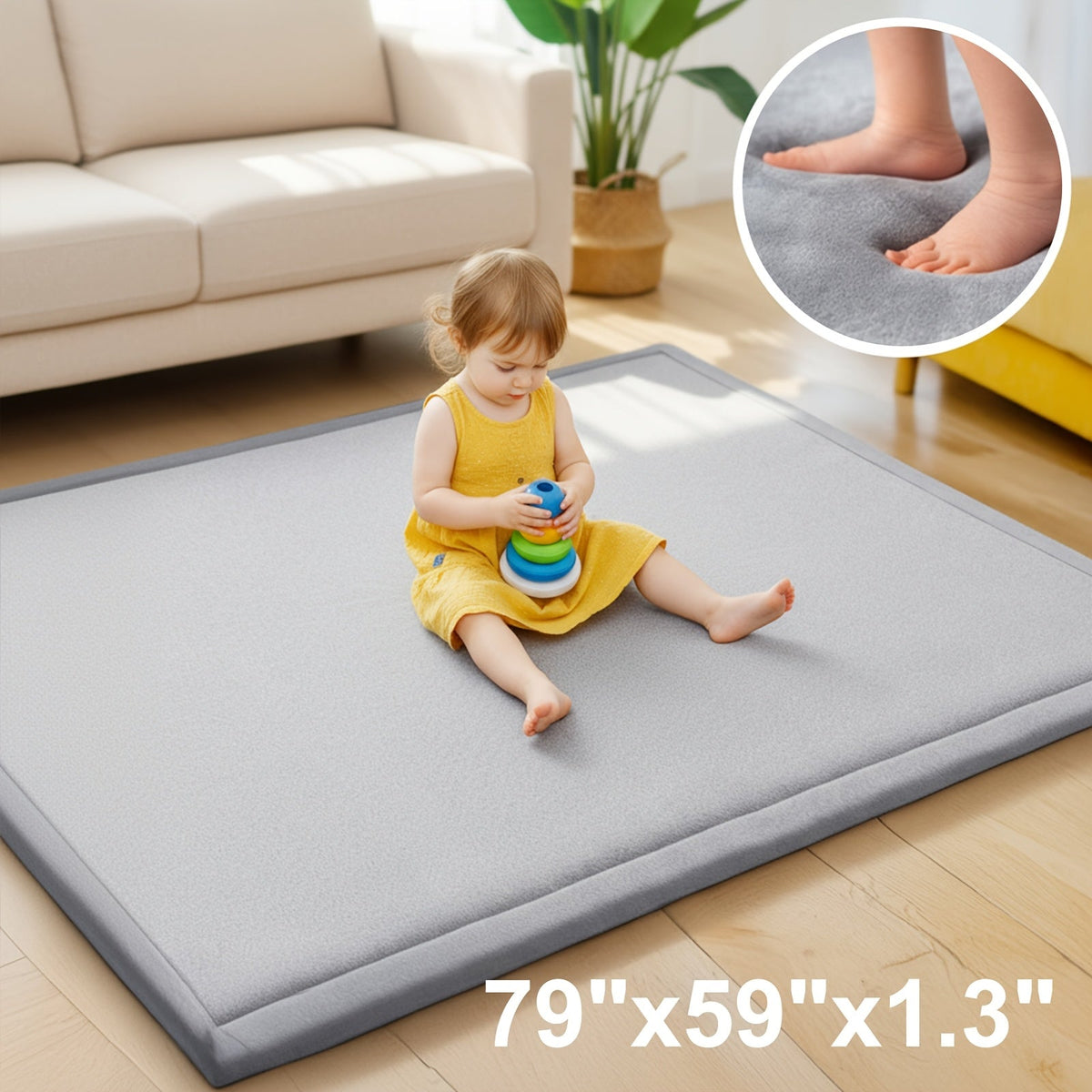 Ultra Soft 1.3" Thick Baby Play Mat, Extra Large Non-Slip Velvet Tummy Time & Crawling Mat for Babies Toddlers & Kids, Easy Care, Gray, 3 Sizes Including 50x50" 79x59" & 71x59"