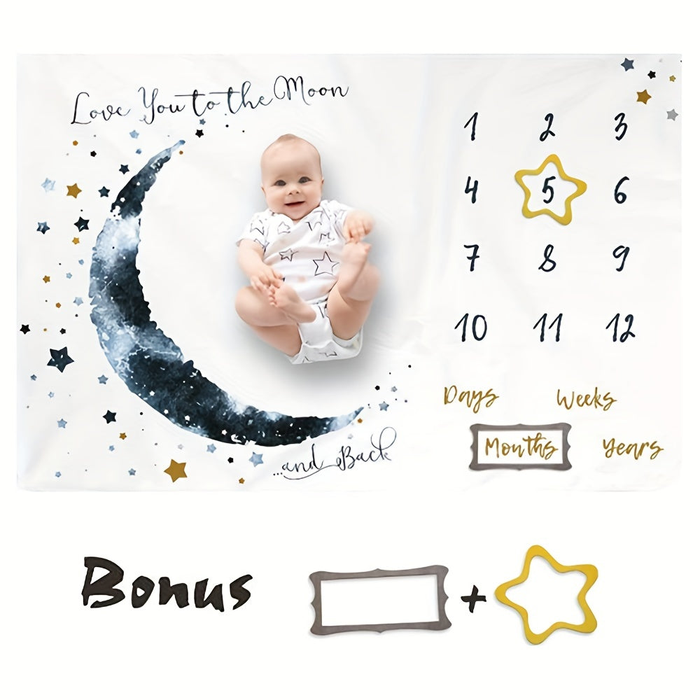Baby Milestone Blanket for Boys, 60"x40" Extra Large Moon Design Monthly Growth Chart Blanket, First Year Calendar Photo Prop for Newborn & Infant Monthly Photo Shoots