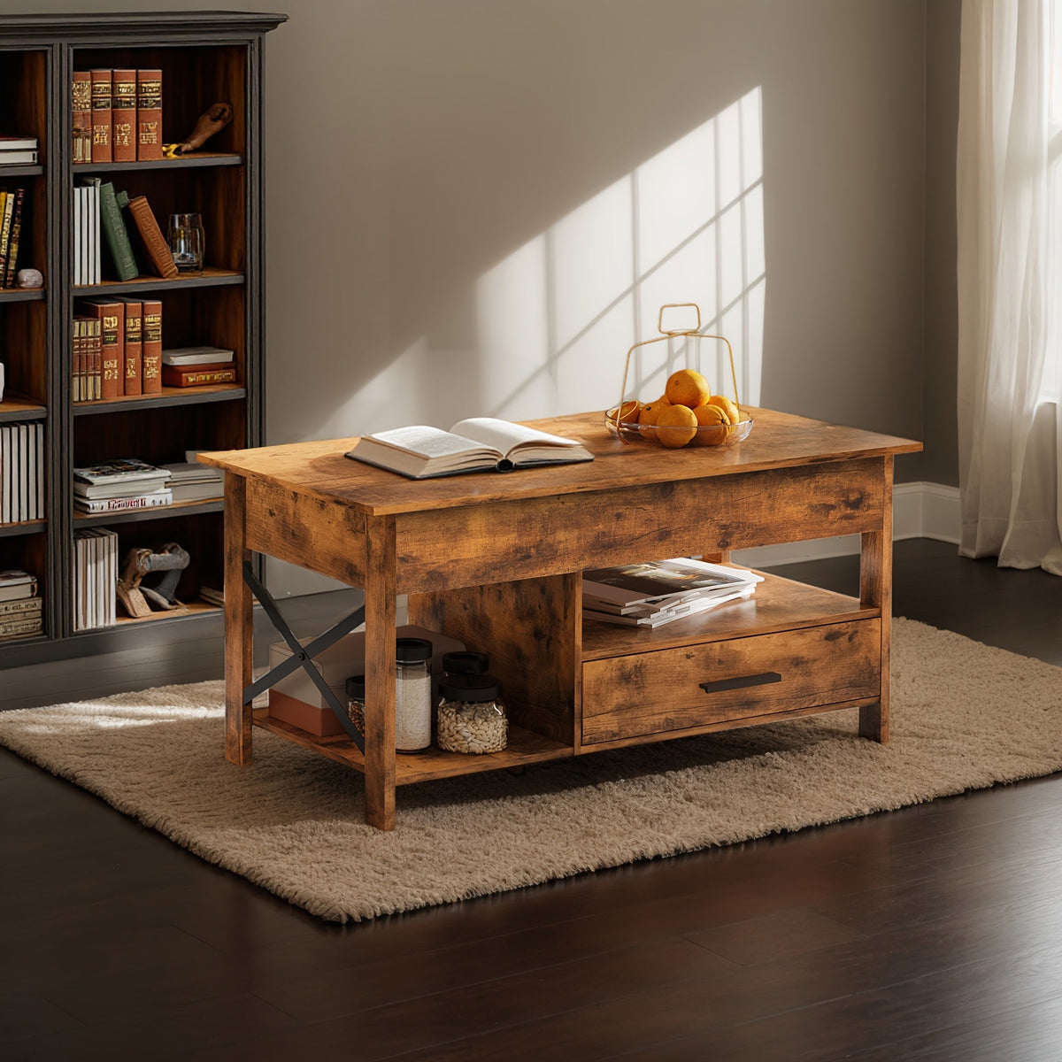 Lift Top Coffee Table with Storage Drawers & Hidden Compartment, Modern Wood HDF Space-Saving Adjustable Lift Top Table for Living Room Reception Room, Rustic Brown Greige Espresso
