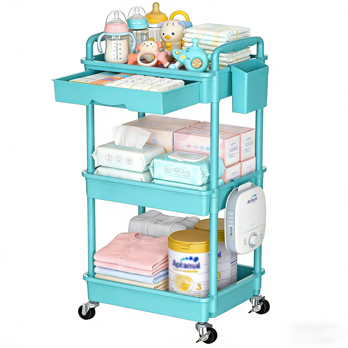 3-Tier & 4-Tier Mobile Nursery Storage Cart on Wheels, Space-Saving Rolling Organizer for Nursery & Baby Room Decor, Sturdy with Smooth Wheels, Baby Pink, Green, Blue, Purple, White, Black & Grey