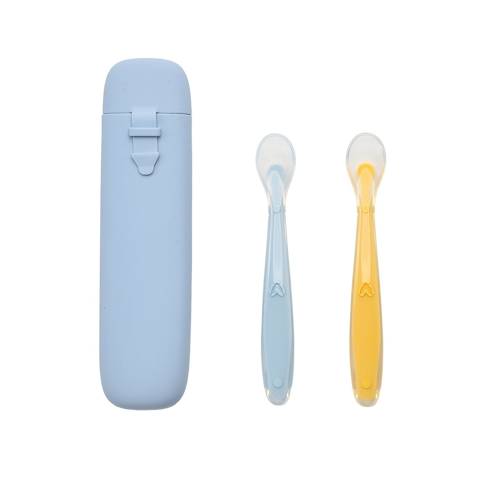 3-Piece Silicone Kids Cutlery & Storage Box Set with Spoon, Portable Compact Feeding Tableware for Travel School & Daycare, BPA-Free Toddler Utensil Set in Bright Colors