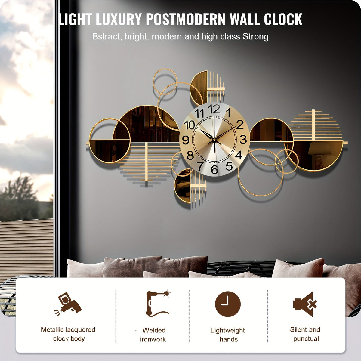 3D Metal Wall Clock Silent No-Ticking – Large 34"x17" Decorative Modern Wall Art Clock for Living Room Bedroom in Brown