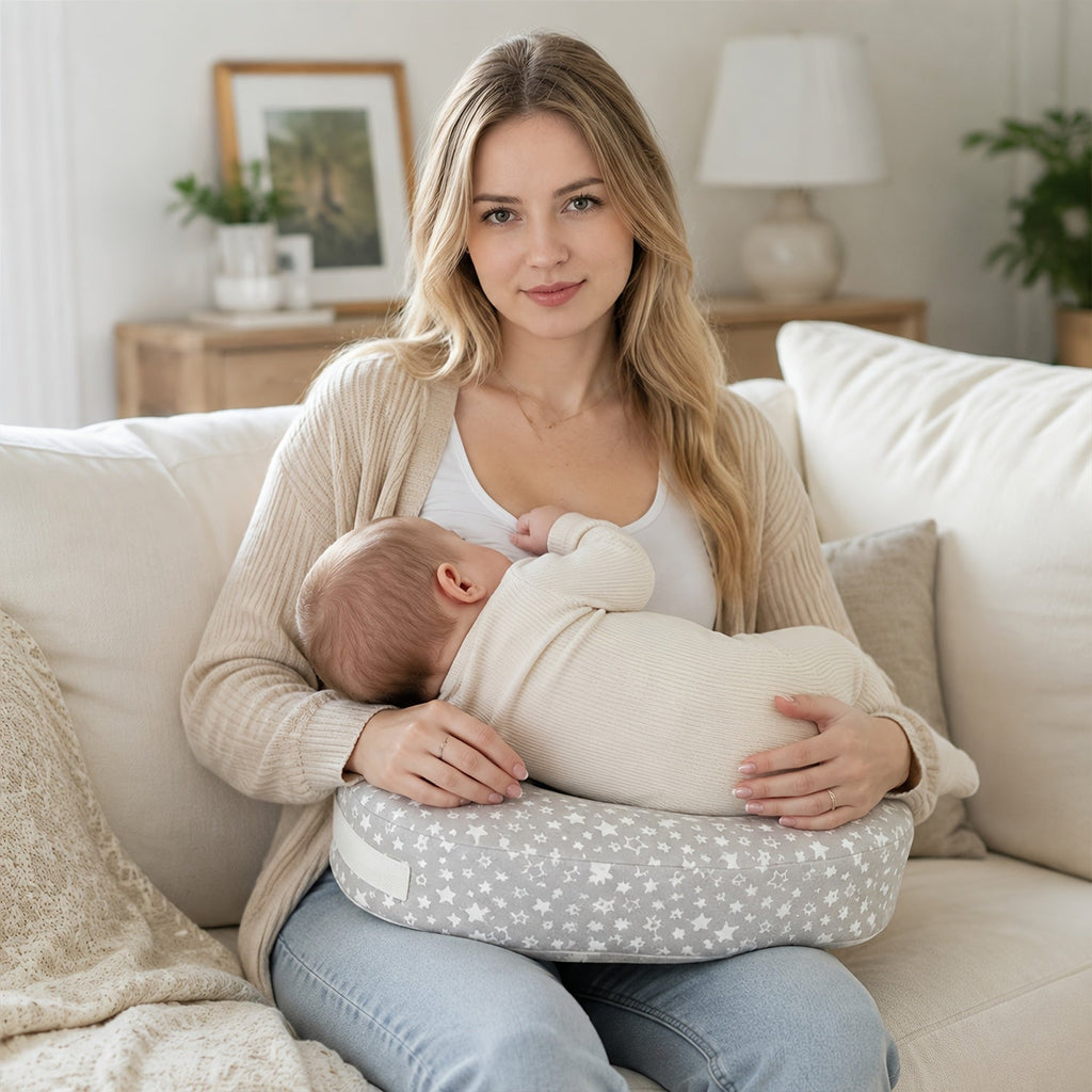 High-Support Nursing Pillow for Breastfeeding & Bottle Feeding, Ergonomic Lap Pillow with Spacious Comfort Surface for Newborns & Infants, 3 Styles Including Grey Stars Pink Bow & Beige Flowers