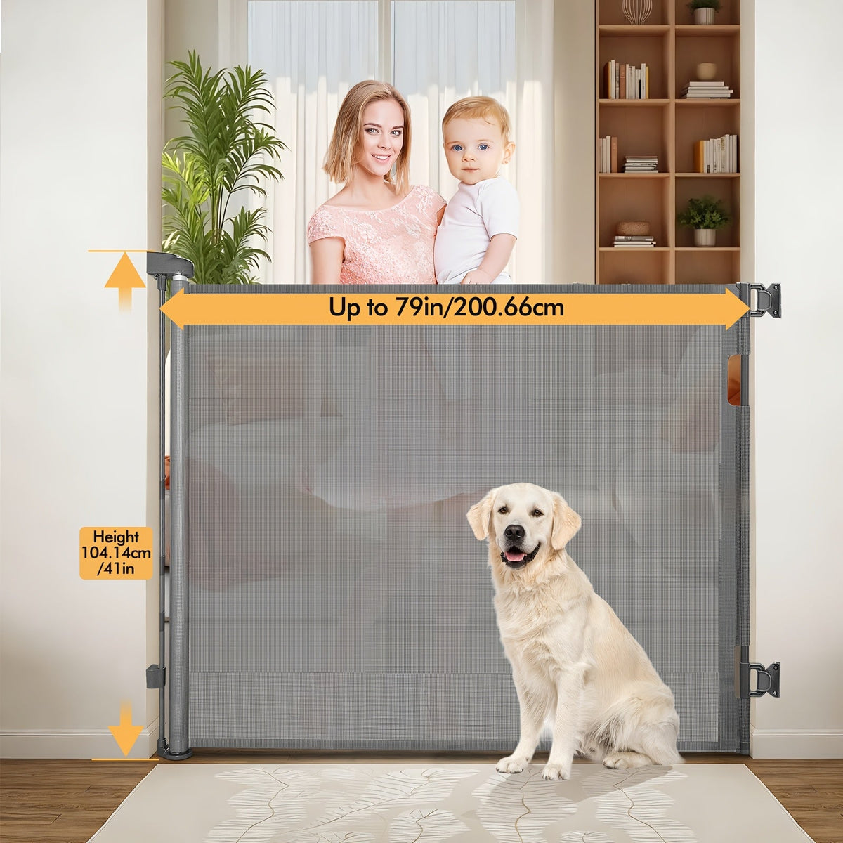 VERASTE Retractable Mesh Safety Gate, 33"/41" Tall Baby & Pet Gate for Doorways, Stairs & Hallways, Indoor & Outdoor Use, Multiple Width Options, Black, White & Gray