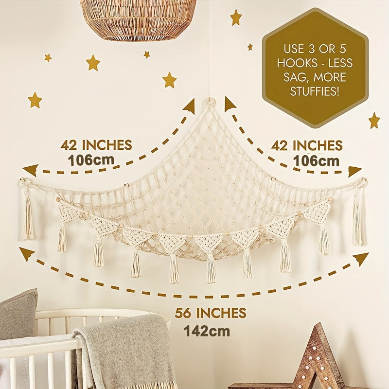 Macrame Stuffed Animal Storage Net Hammock Extra Large, Boho Plush Toy Organizer Holder for Kids Room Nursery Wall Decor, Fits Small & Large Stuffed Animals, Dreamcatcher Style