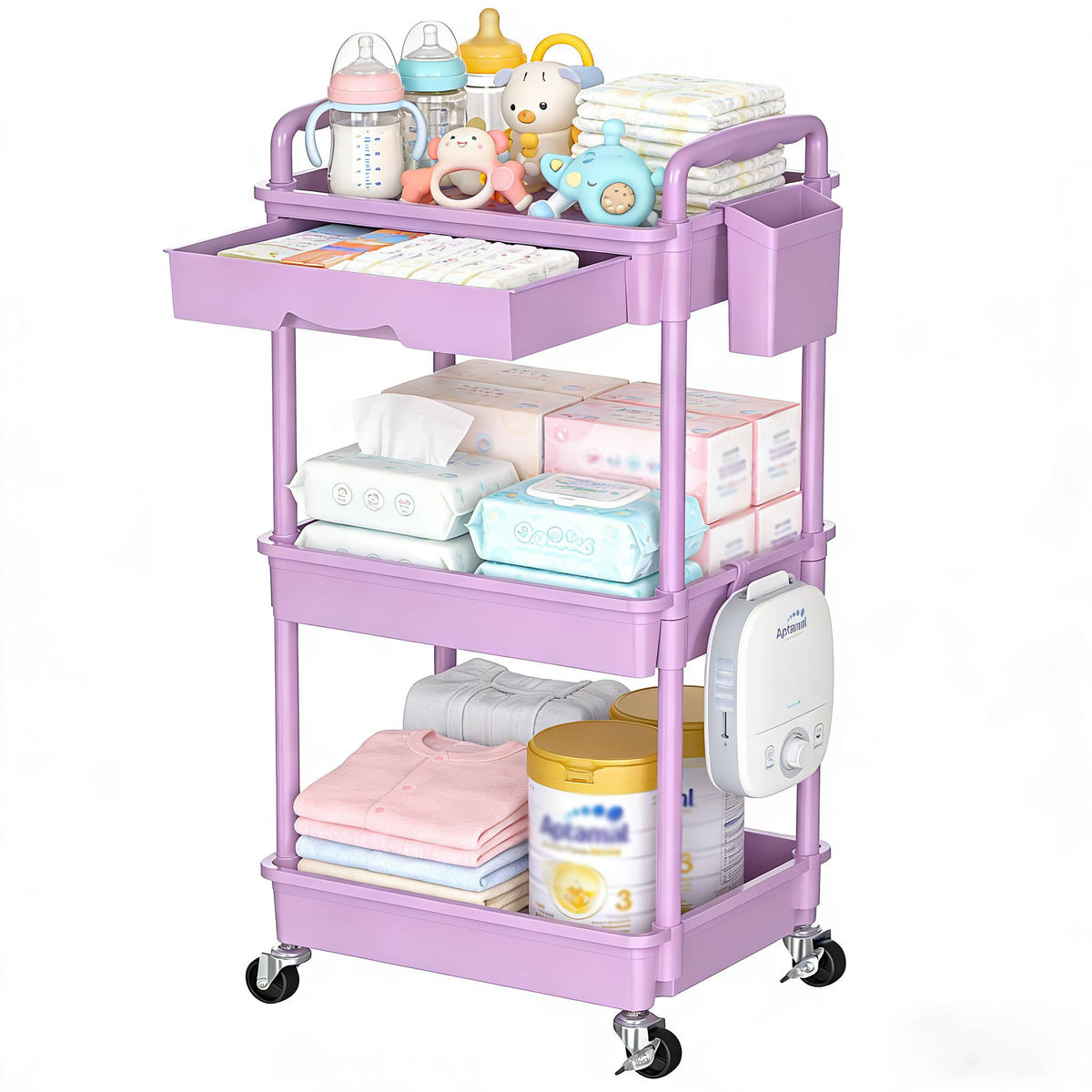 3-Tier & 4-Tier Mobile Nursery Storage Cart on Wheels, Space-Saving Rolling Organizer for Nursery & Baby Room Decor, Sturdy with Smooth Wheels, Baby Pink, Green, Blue, Purple, White, Black & Grey