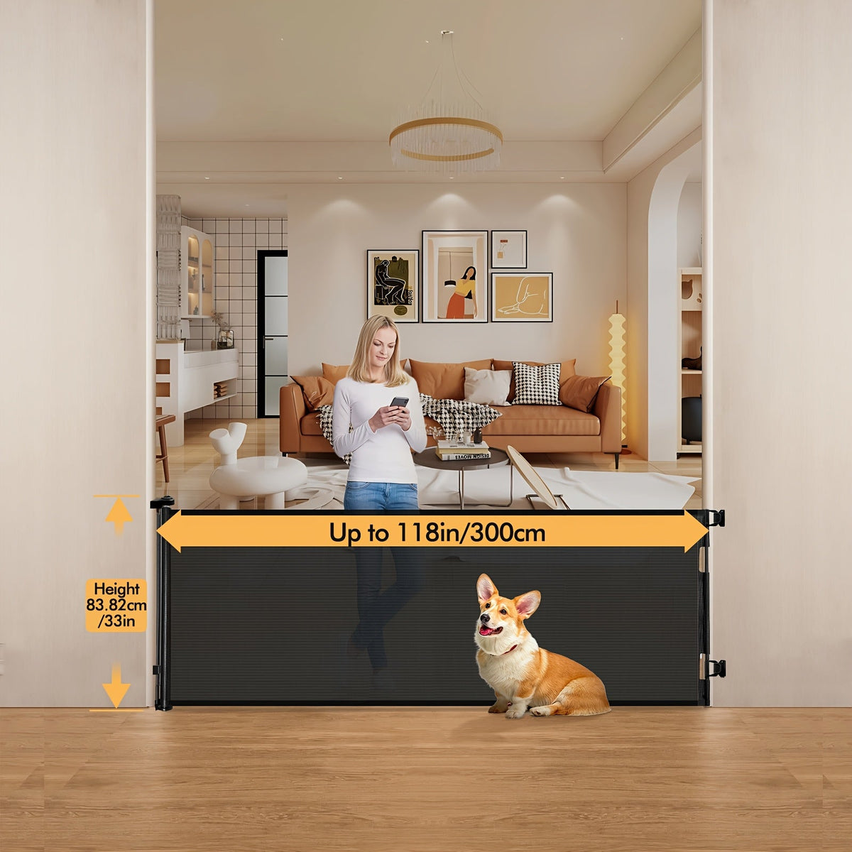 VERASTE Retractable Mesh Safety Gate, 33"/41" Tall Baby & Pet Gate for Doorways, Stairs & Hallways, Indoor & Outdoor Use, Multiple Width Options, Black, White & Gray