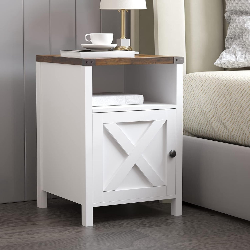 Farmhouse Nightstand with Barn Door and Shelf 23.7x15.8 Inch Rustic Modern Bedside End Table Narrow Entryway Table for Bedroom Living Room Navy Blue Grey White Oak Black 1 or 2 Pack