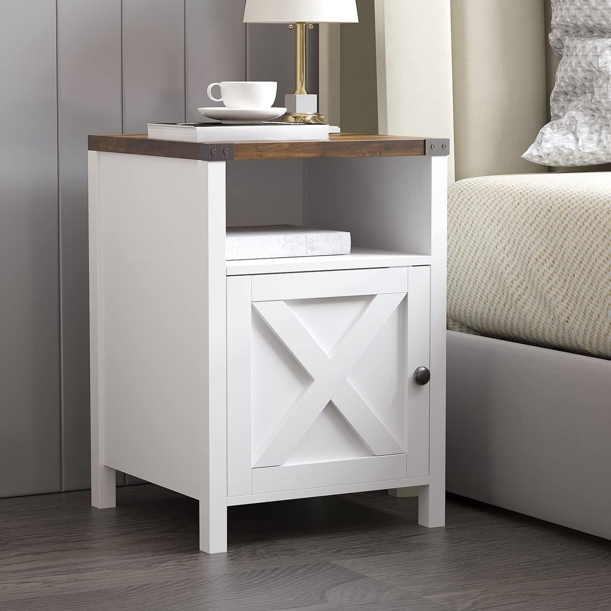 Farmhouse Nightstand with Barn Door and Shelf 23.7x15.8 Inch Rustic Modern Bedside End Table Narrow Entryway Table for Bedroom Living Room Navy Blue Grey White Oak Black 1 or 2 Pack