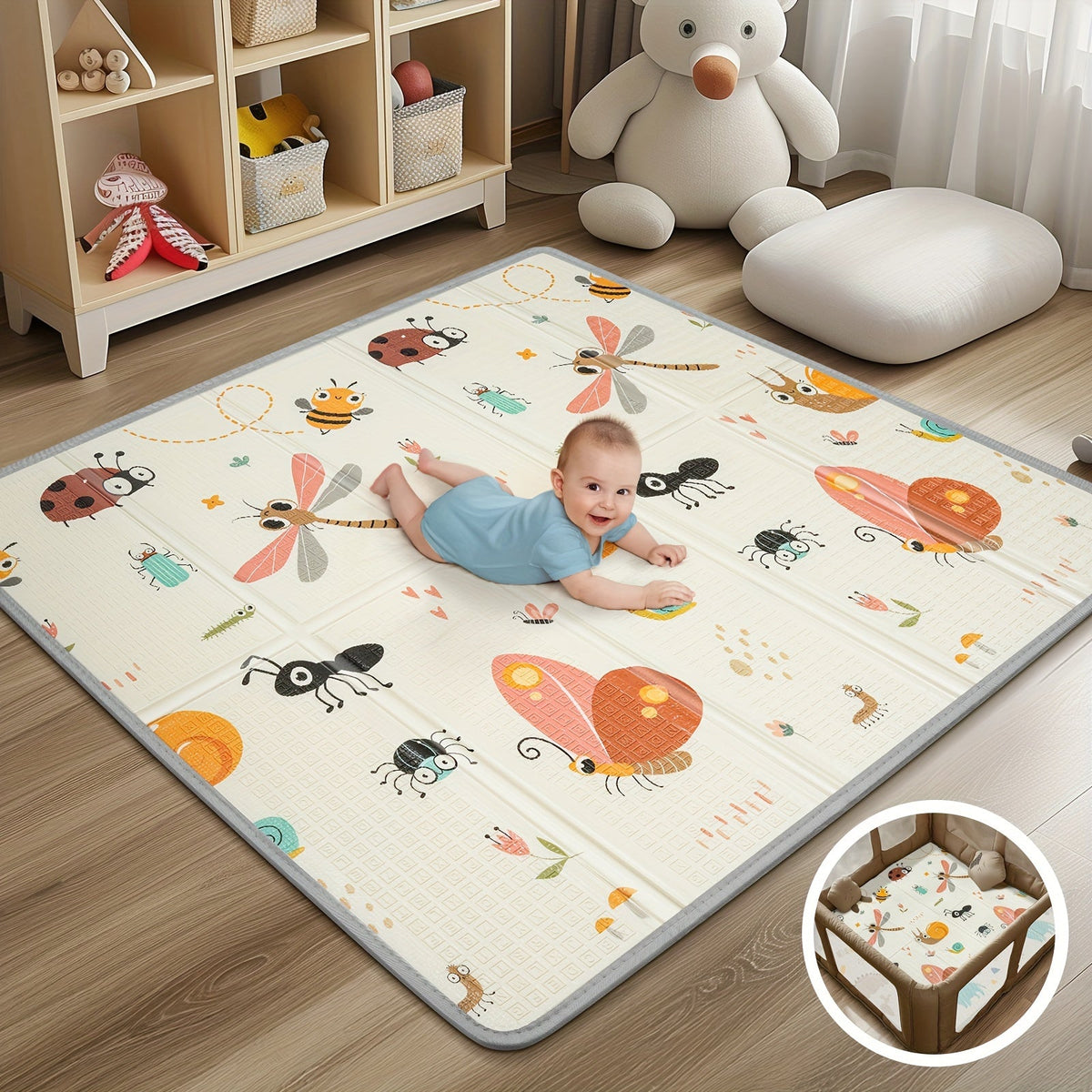 Foldable Safety Foam Baby Play Mat, 50 × 50 × 0.4 Inch Thick Reversible Double-Sided Portable Playpen Floor Mat for Travel & Daycare, Soft Cushioned Baby Activity Mat for Infants & Toddlers, Dragonfly & Geometric
