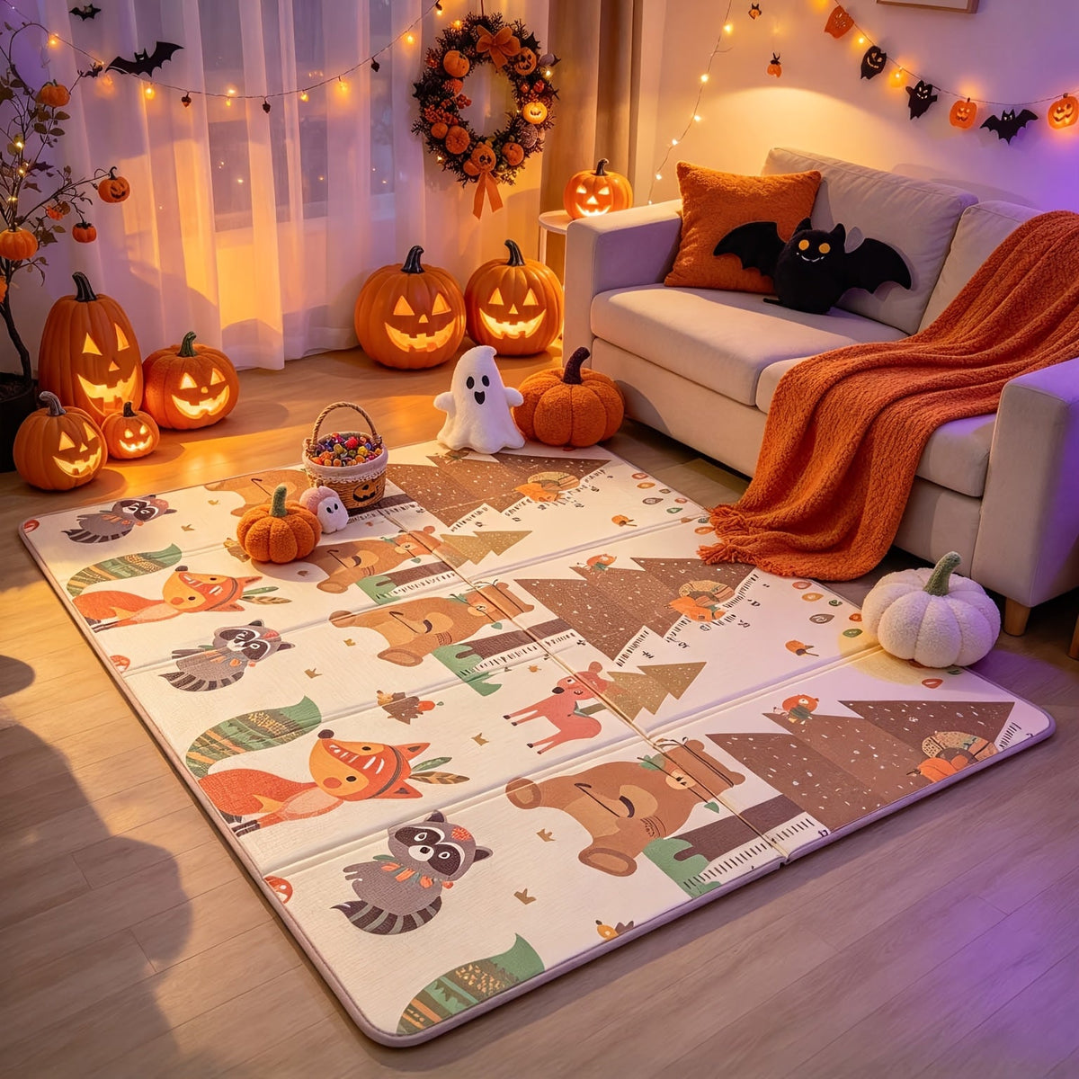 Baby Crawling Mat Foldable, 78x58 Inch Large Padded Play Mat for Babies Early Crawling Stage, Soft Non-Slip Infant Floor Mat for Nursery Living Room, Fox Design