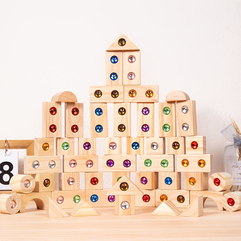 Wooden Sensory Building Blocks with Colorful Rhinestones, 32pc/50pc Educational Stacking Toys for Toddlers 18M+, Fine Motor Skills & Imaginative Play, Birthday & Christmas Gift